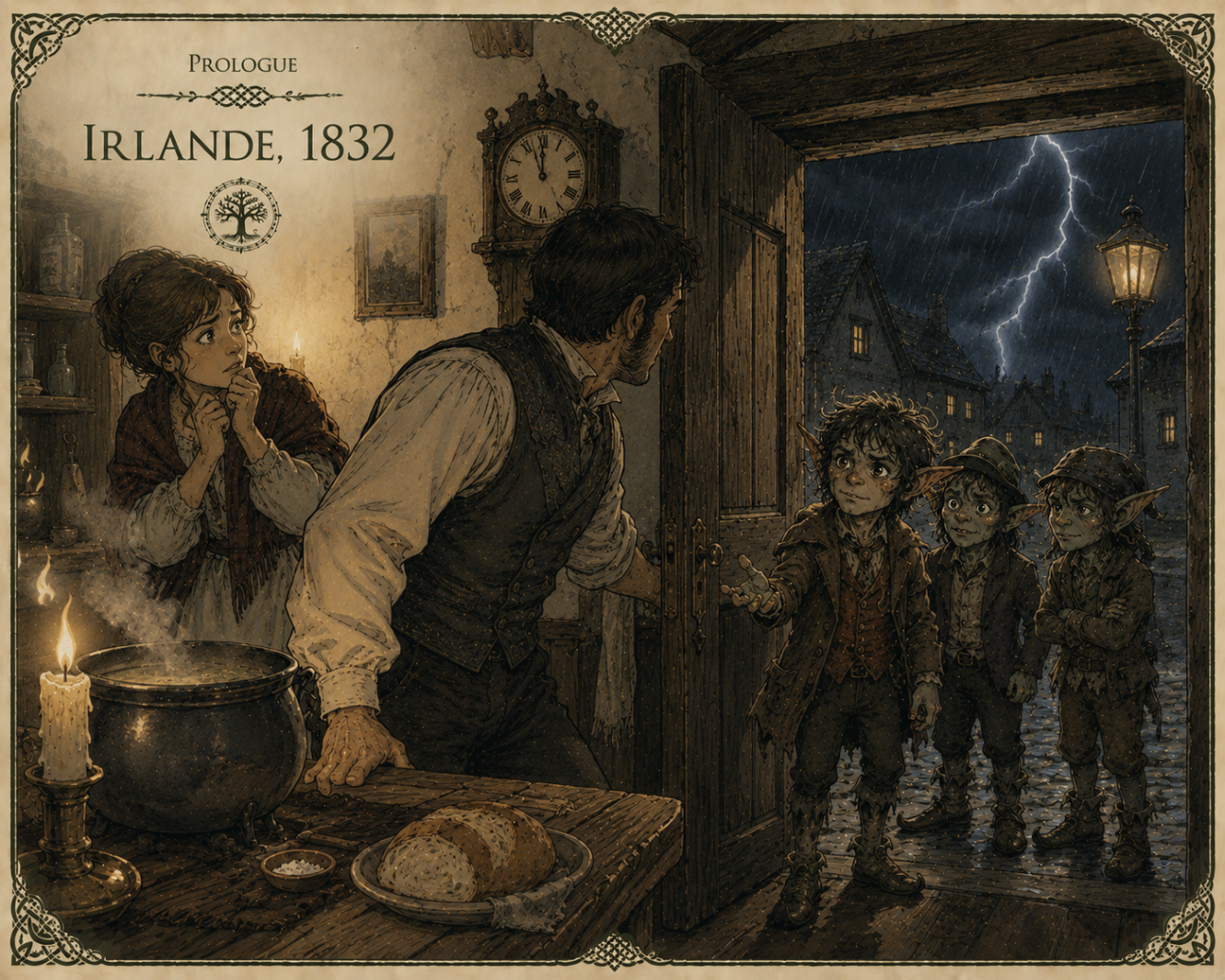 Celtic creatures at a doorway during a stormy night.