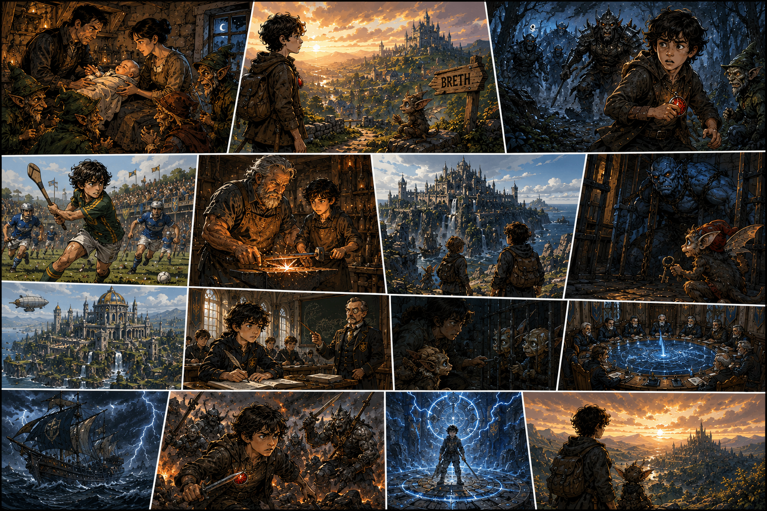 Univers visuel de Hayden Kerr avec Hayden, des korrigans, des citadelles et des batailles