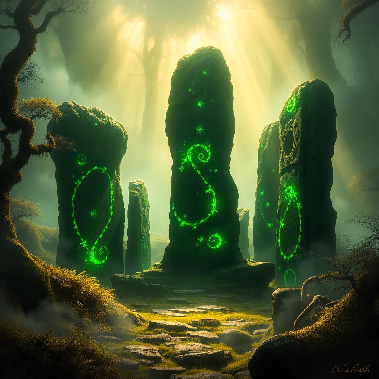 Standing stones marked with glowing green Celtic signs.