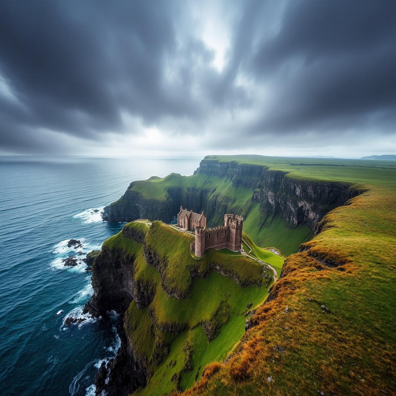 Citadel on dramatic green cliffs above the sea.