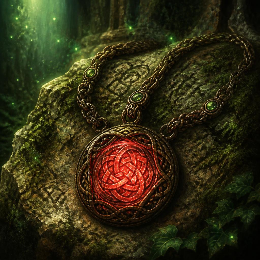 Necklace with a glowing red medallion resting on mossy stone.